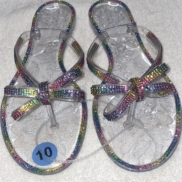 NWT Forever Clear Rainbow Rhinestone Bow Jelly Flip Flop Various Sizes - Picture 4 of 8